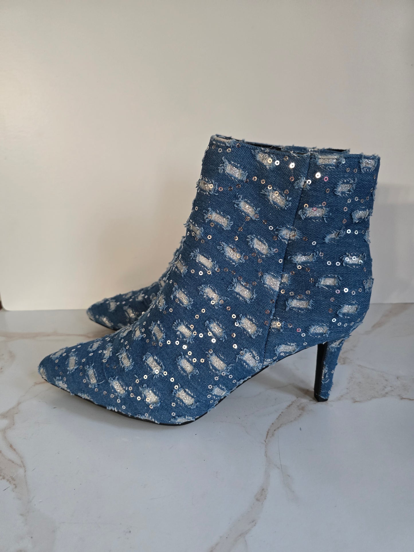 Rouge Denim & Sequin Pointy Toe Ankle Boots Sz 12