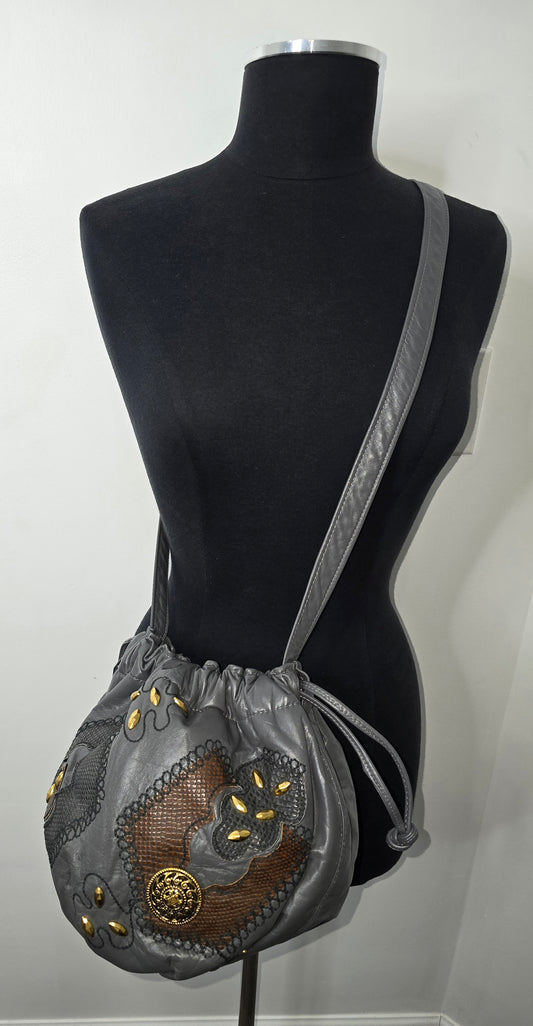 Vintage Embellished Grey Drawstring Handbag