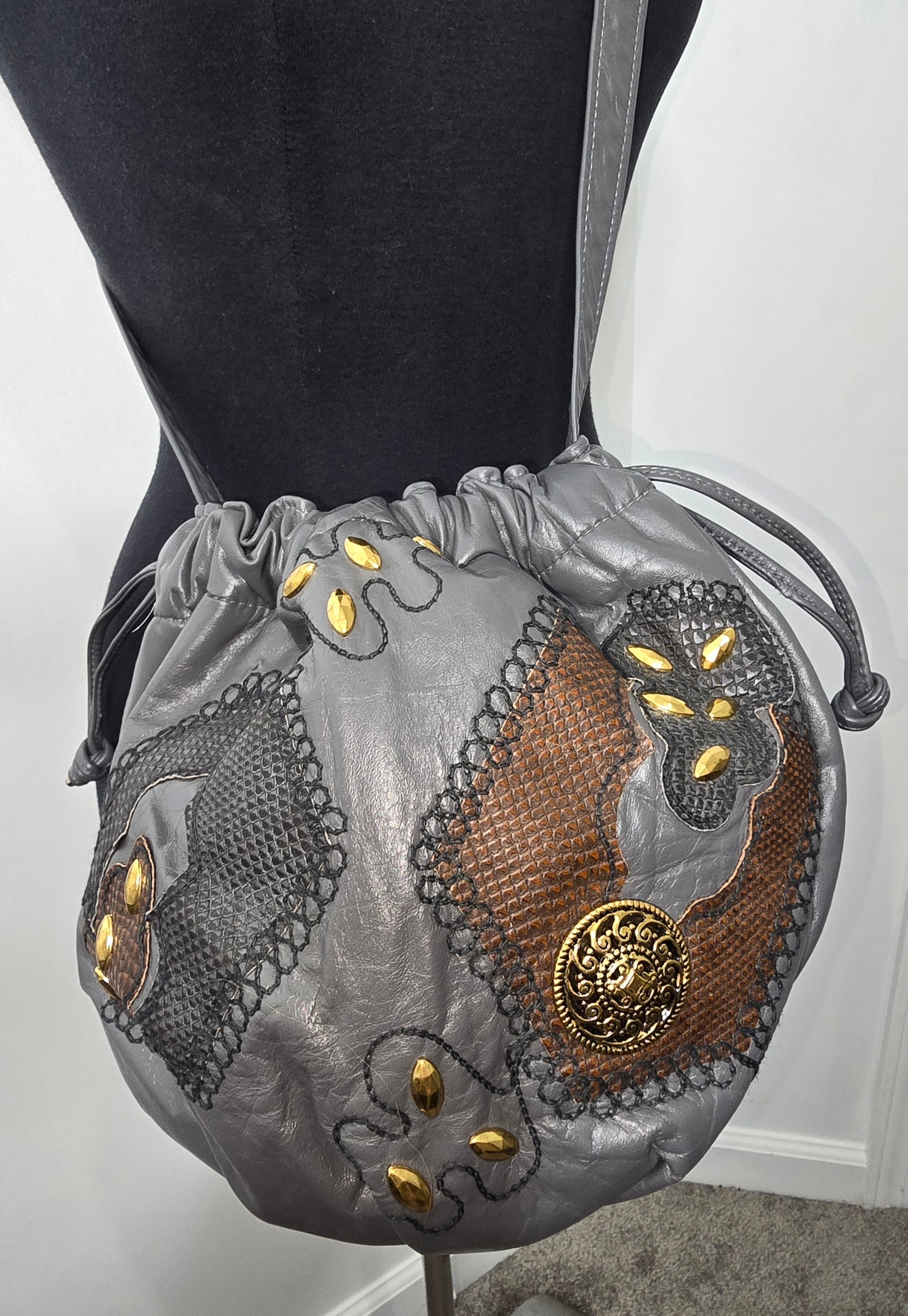 Vintage Embellished Grey Drawstring Handbag