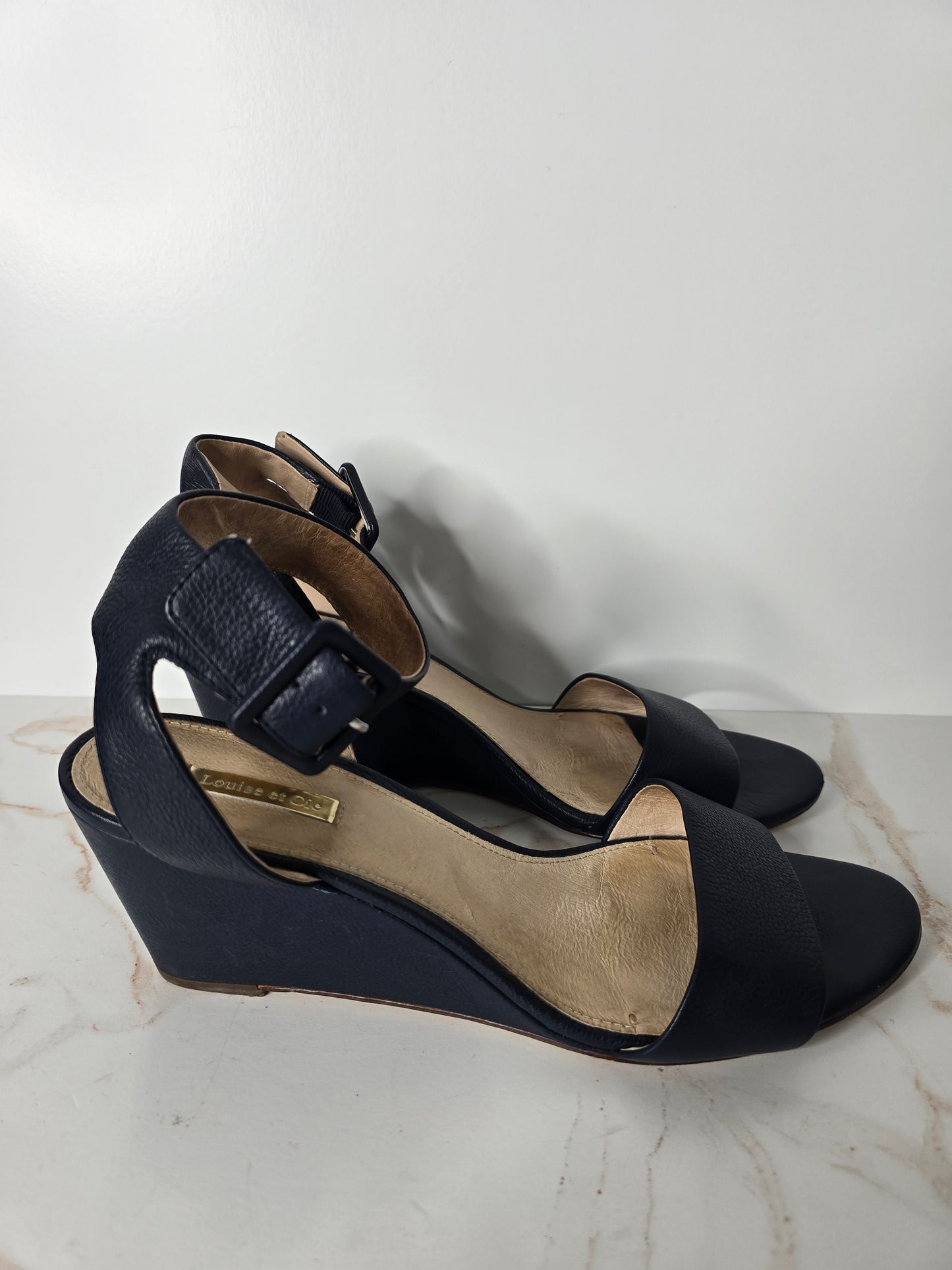 Louise et Cie Navy Leather Wedge Sandal Sz 11