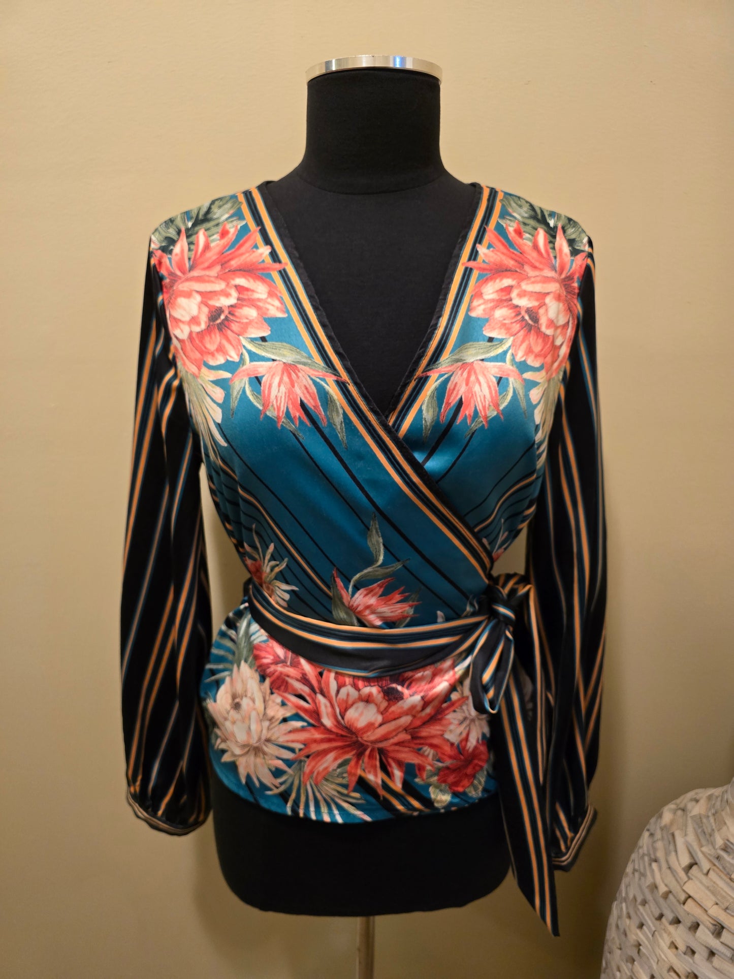 Floral & Striped Wrap Blouse Sz L