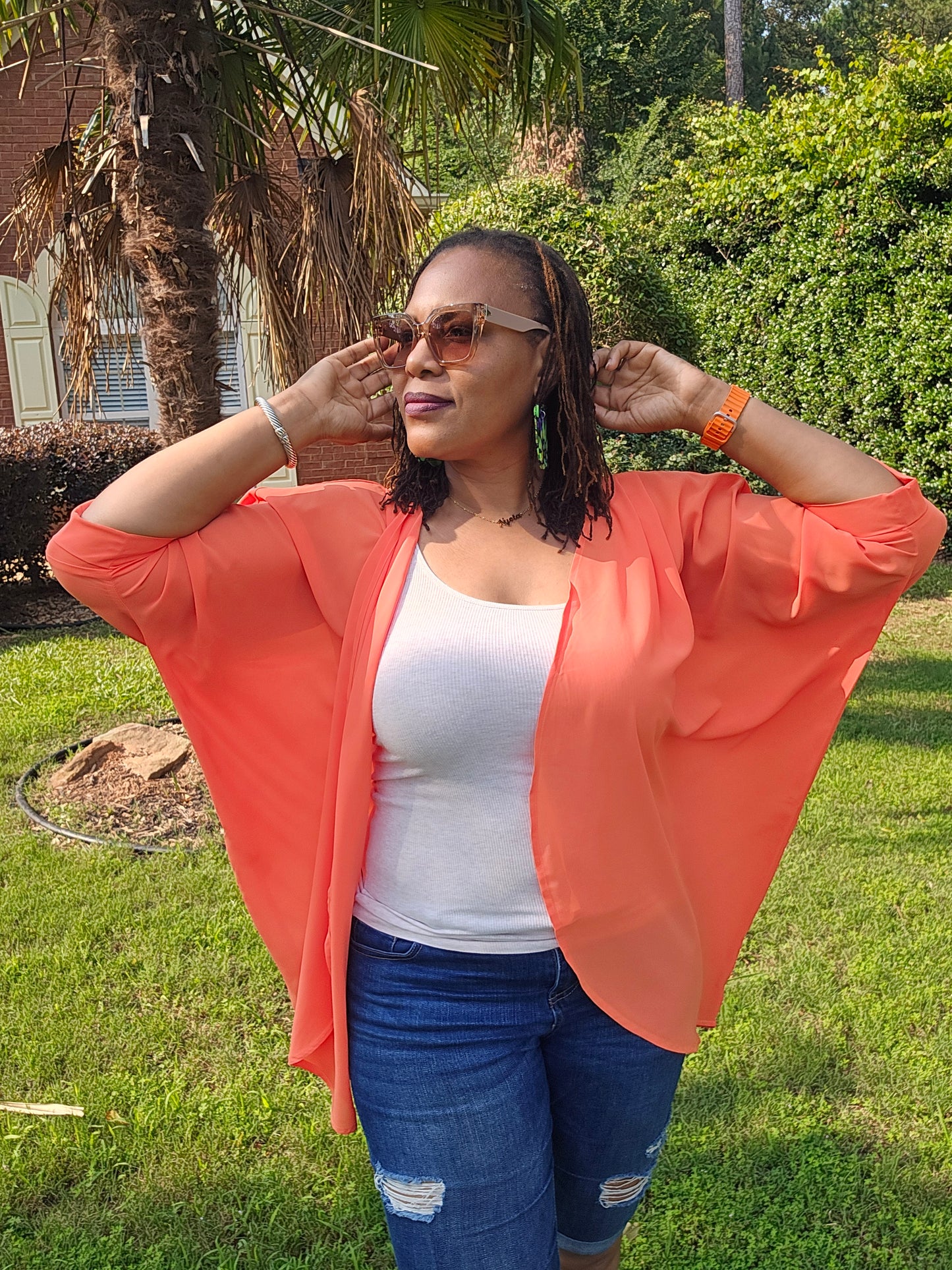 Chiffon Orange Kimono With Shoulder Pleat