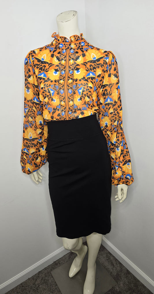 Autumn Scene Ruffle Neck Blouse Sz L
