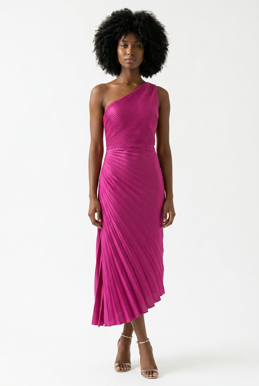 Fuchsia One Shoulder Accordian Asymetrical Dress Sz 22