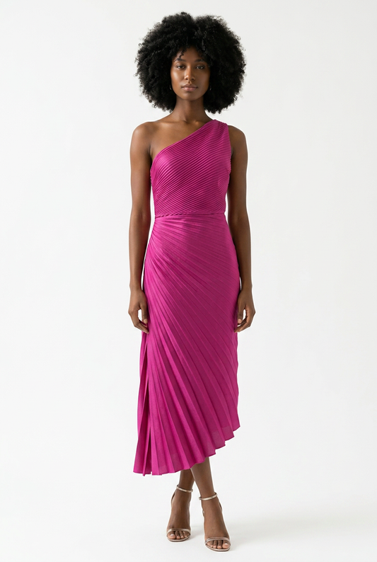 Fuchsia One Shoulder Accordian Asymetrical Dress Sz 22