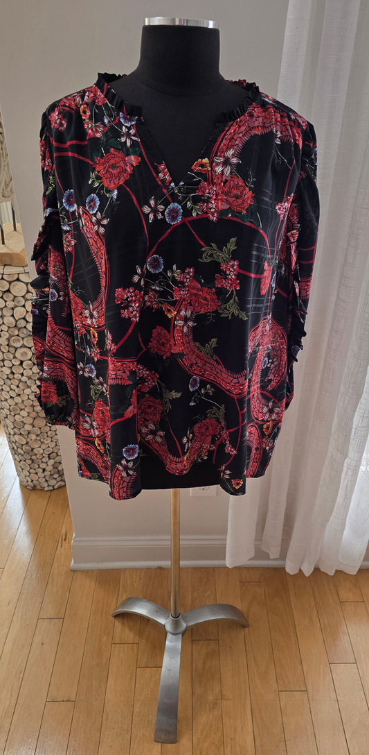 Long Sleeve Printed Split Neck Blouse Sz 1X