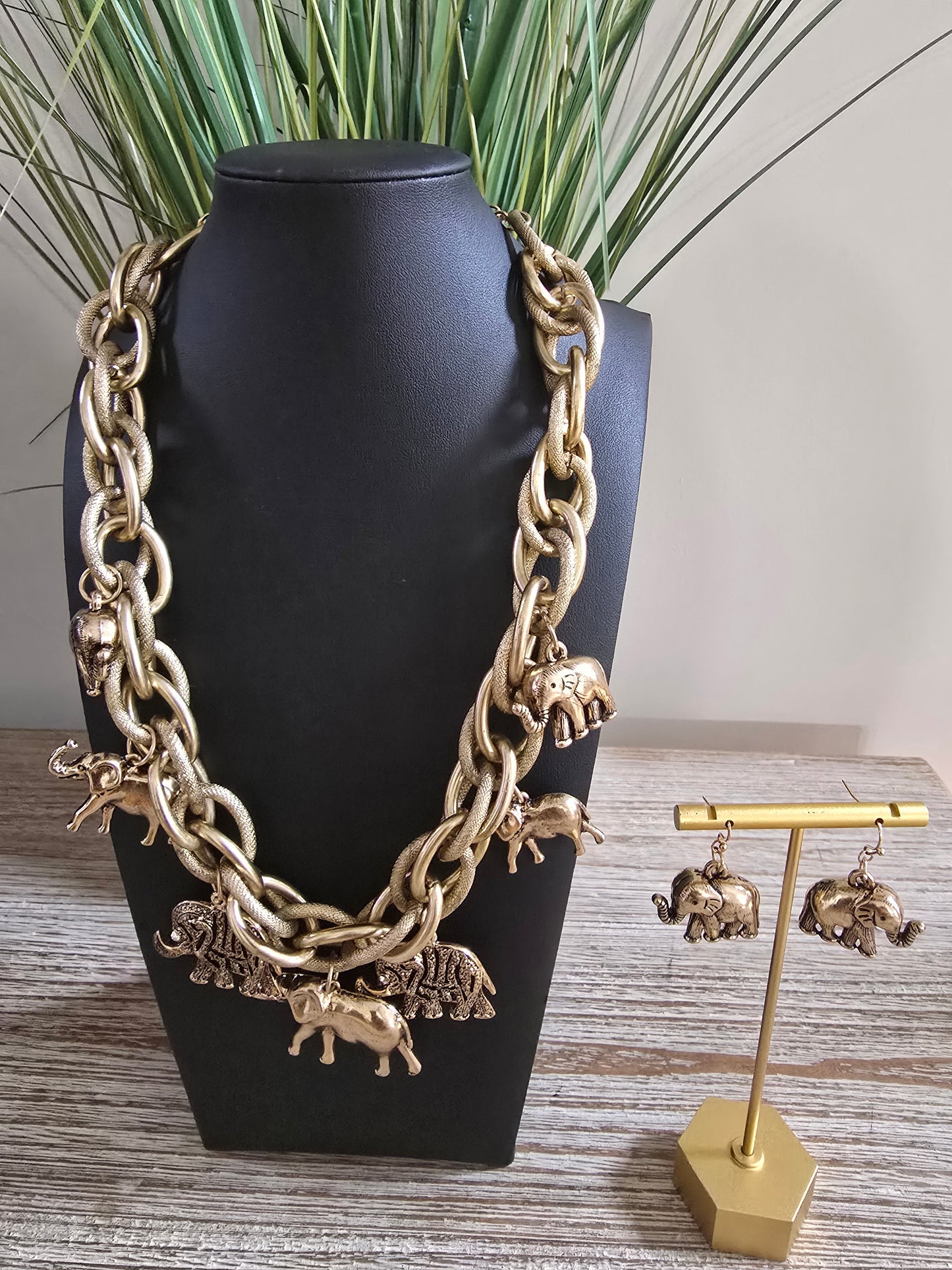 Elephant Charm Necklace Set Antique Gold