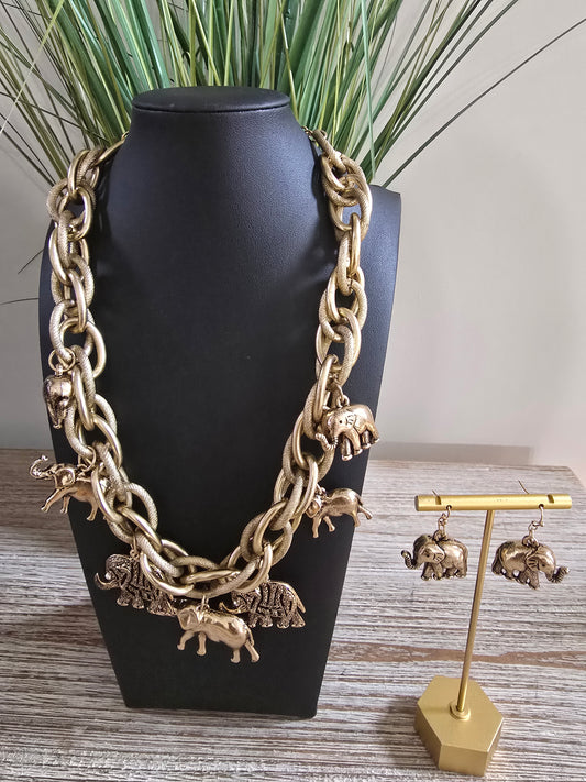 Elephant Charm Necklace Set Antique Gold
