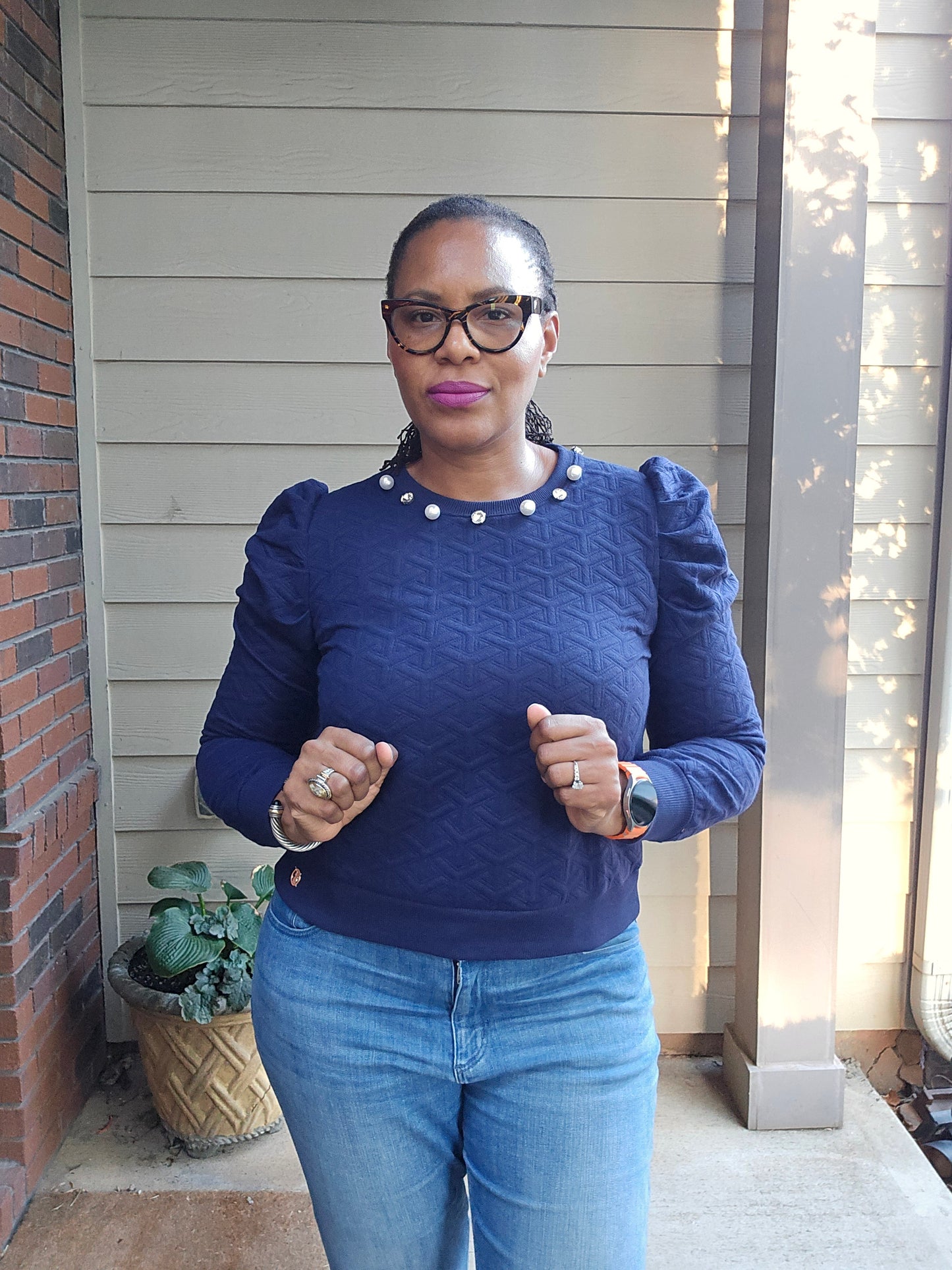 Simply Southern Navy Quilted Embellished Sweater