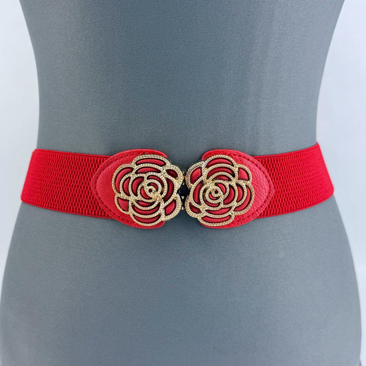 Red Flower Buckle Stretch Belt Fits Up To Sz 2X