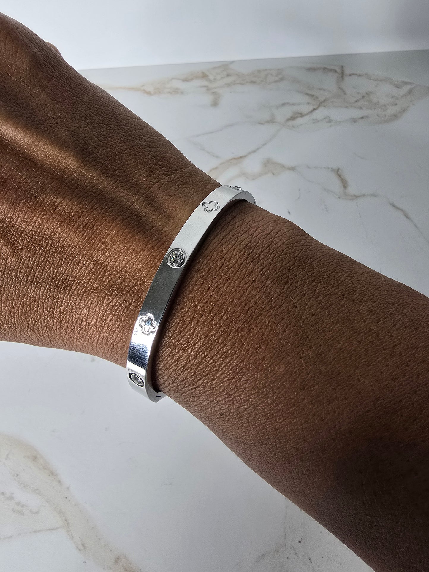 Stainless Steel Silver Flower Bangle