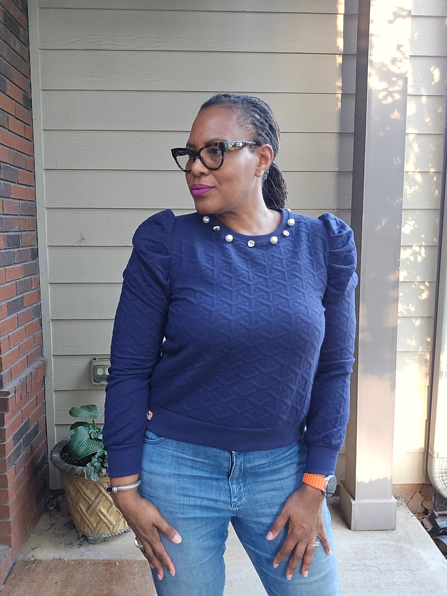 Simply Southern Navy Quilted Embellished Sweater