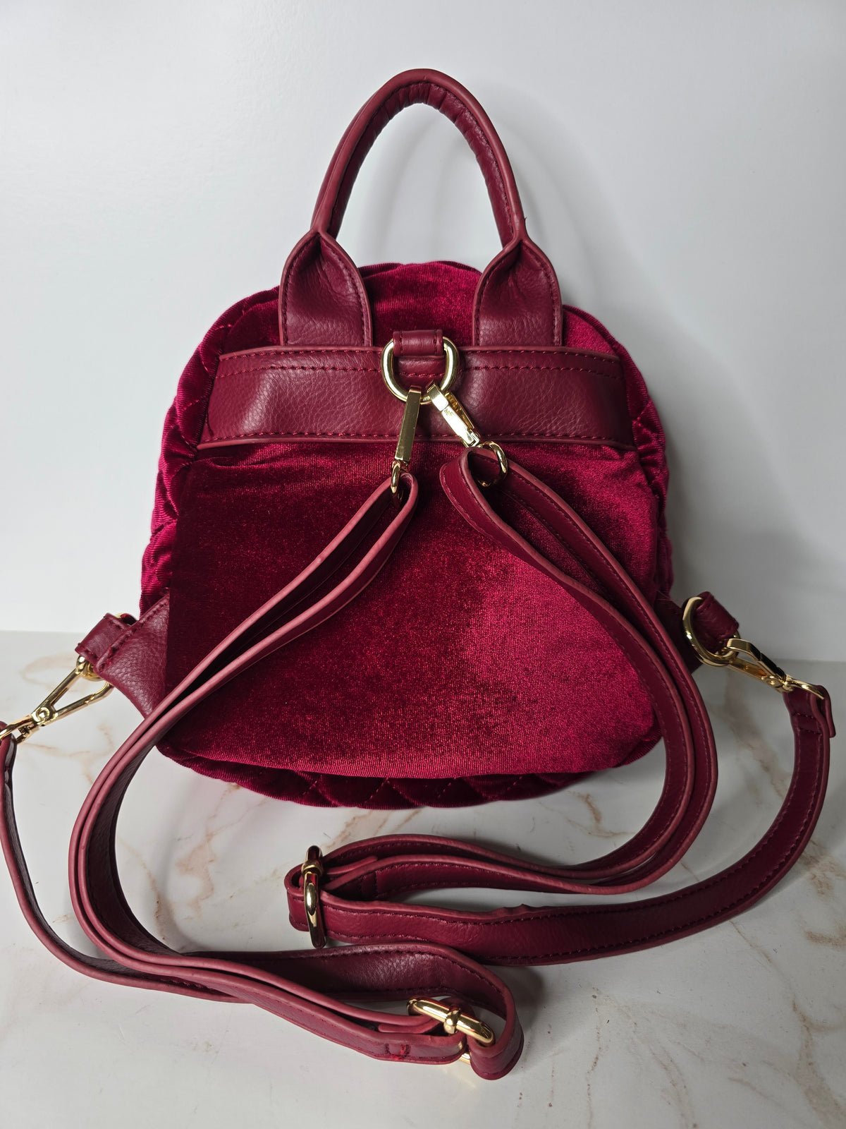 bebe Burgundy Velvet Quilted Mini Backpack