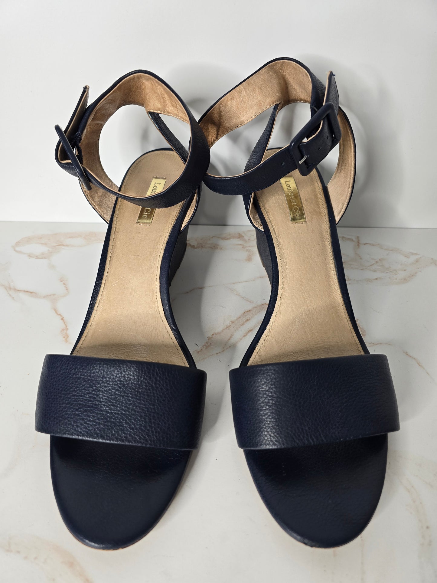 Louise et Cie Navy Leather Wedge Sandal Sz 11