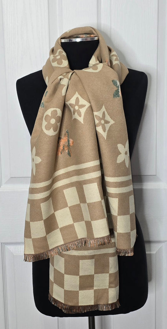 Checker & Floral Tan Scarf