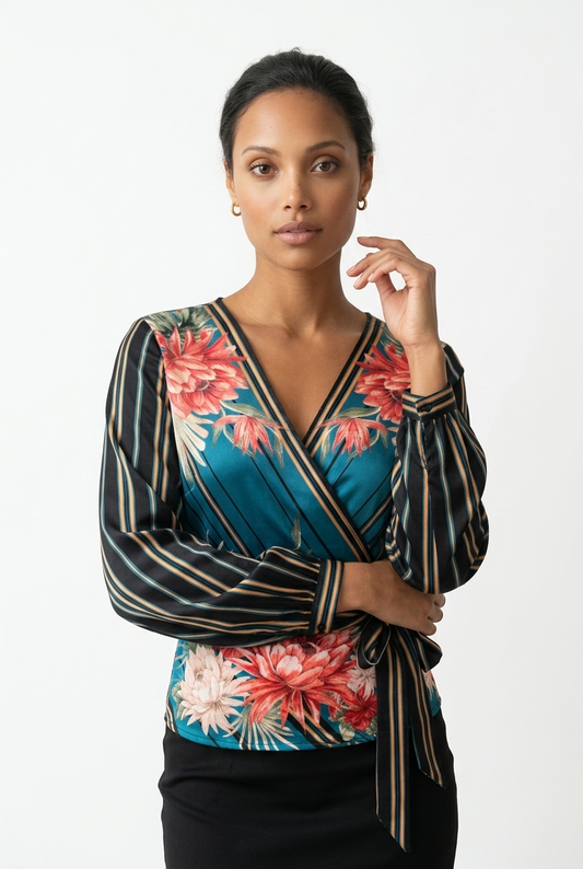 Floral & Striped Wrap Blouse Sz L