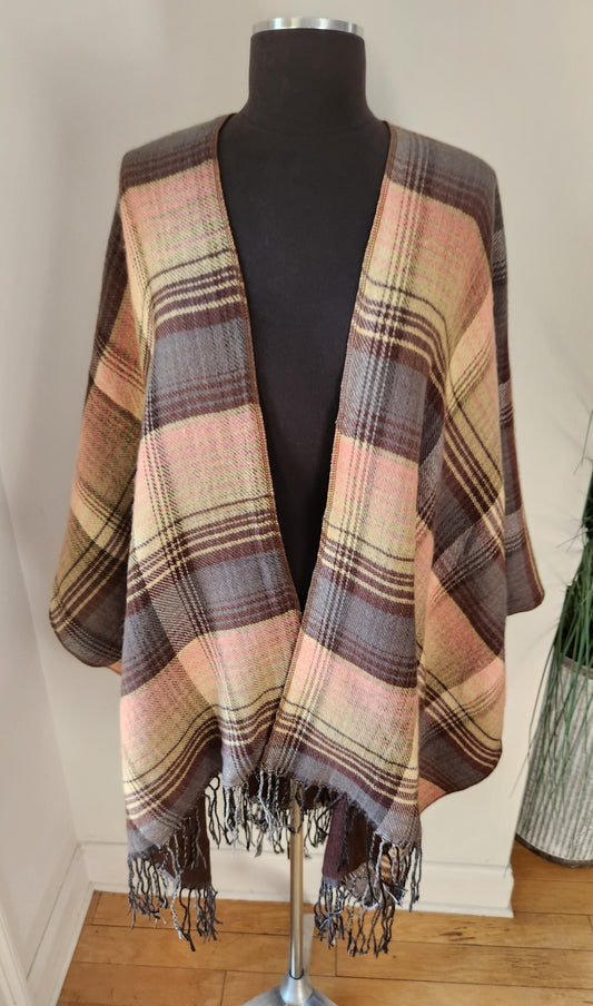 Plaid Pink & Brown Shawl One Size