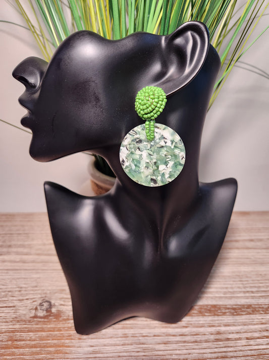 Beaded Green Disk Earrings