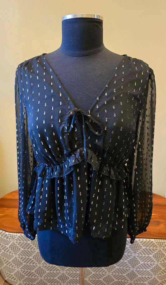 Black & Gold Peplum Blouse Sz M