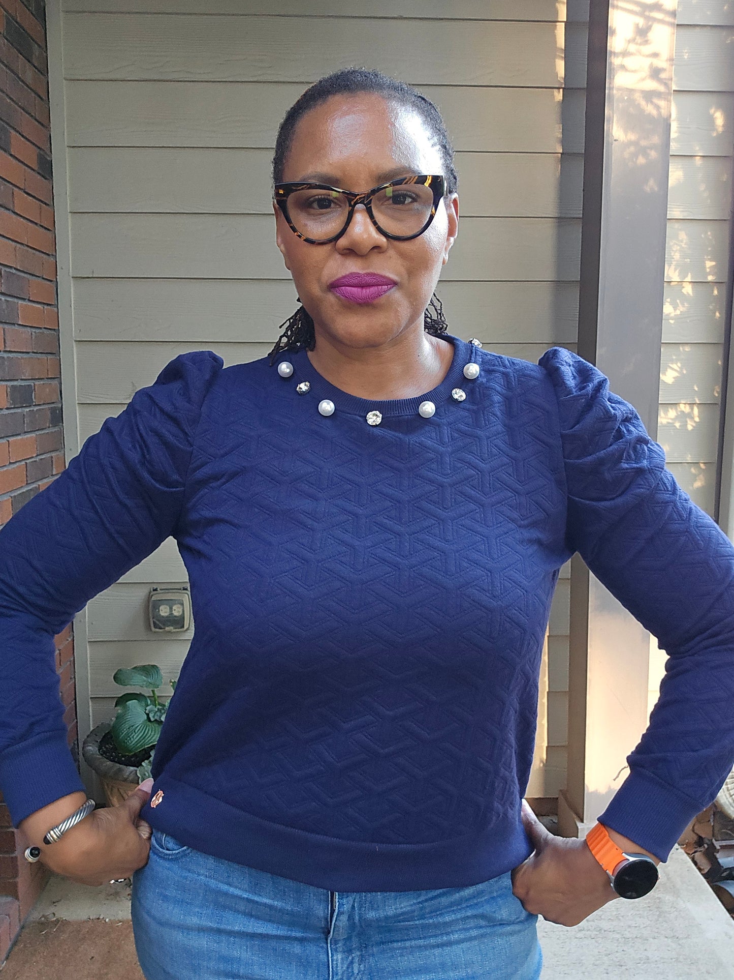 Simply Southern Navy Quilted Embellished Sweater