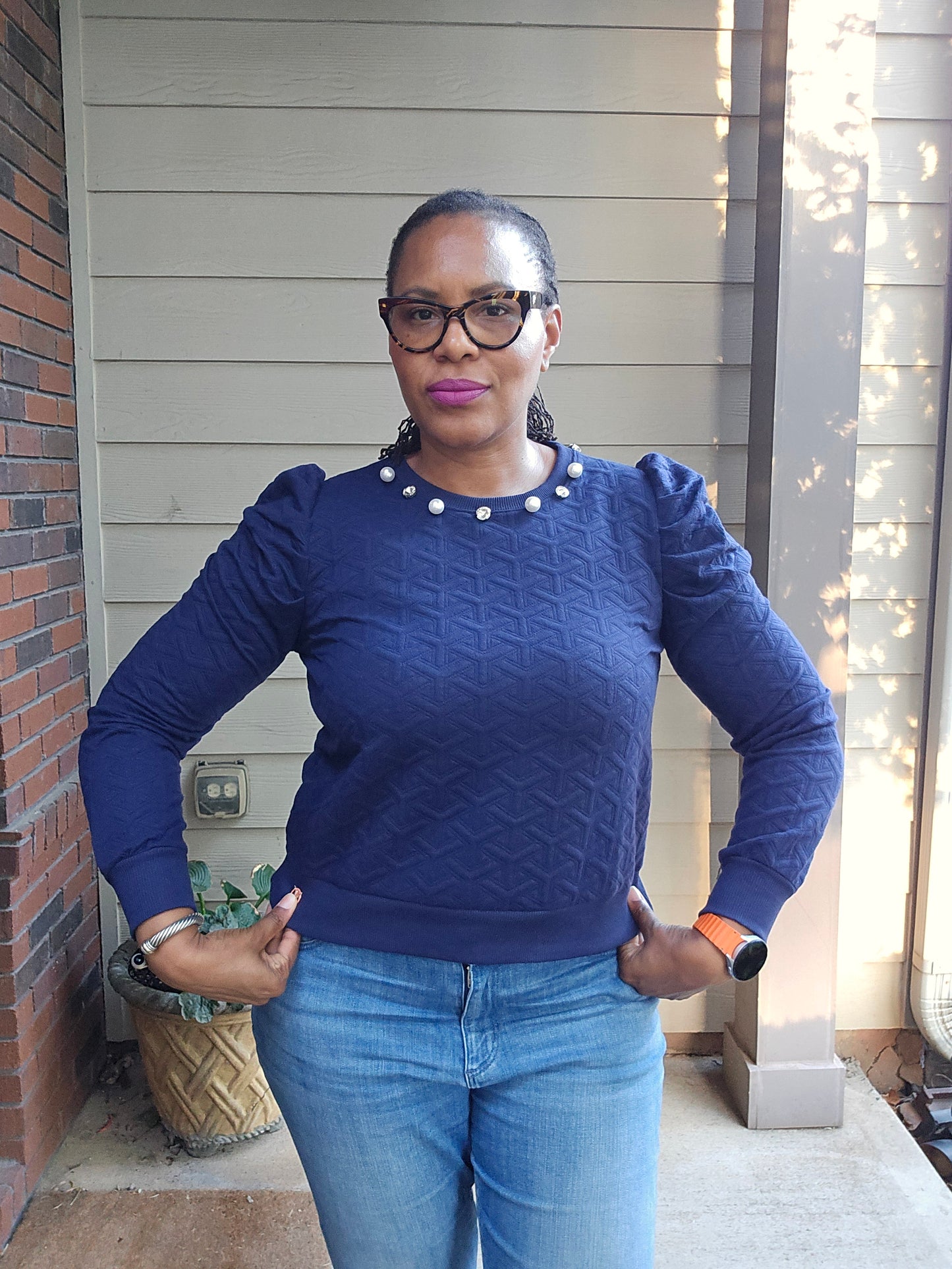 Simply Southern Navy Quilted Embellished Sweater