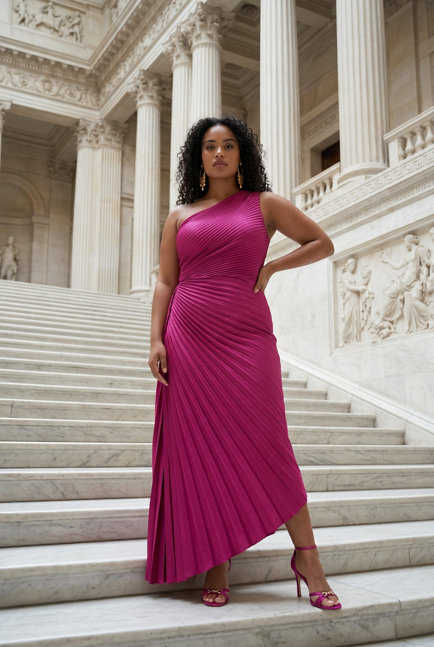Fuchsia One Shoulder Accordian Asymetrical Dress Sz 22