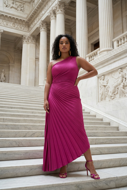 Fuchsia One Shoulder Accordian Asymetrical Dress Sz 22