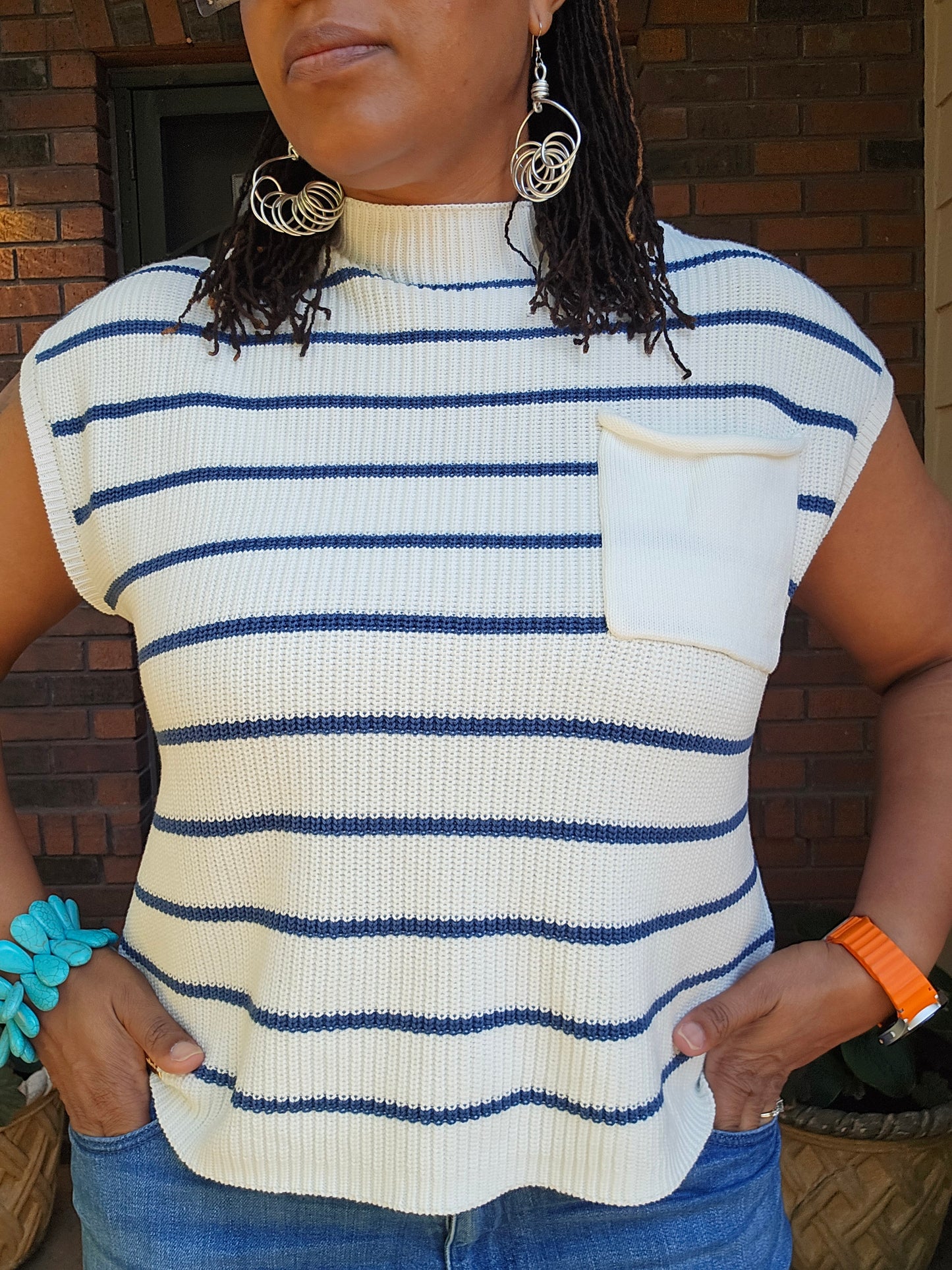 Simply Southern Sleeveless Knit Sweater Blue & White