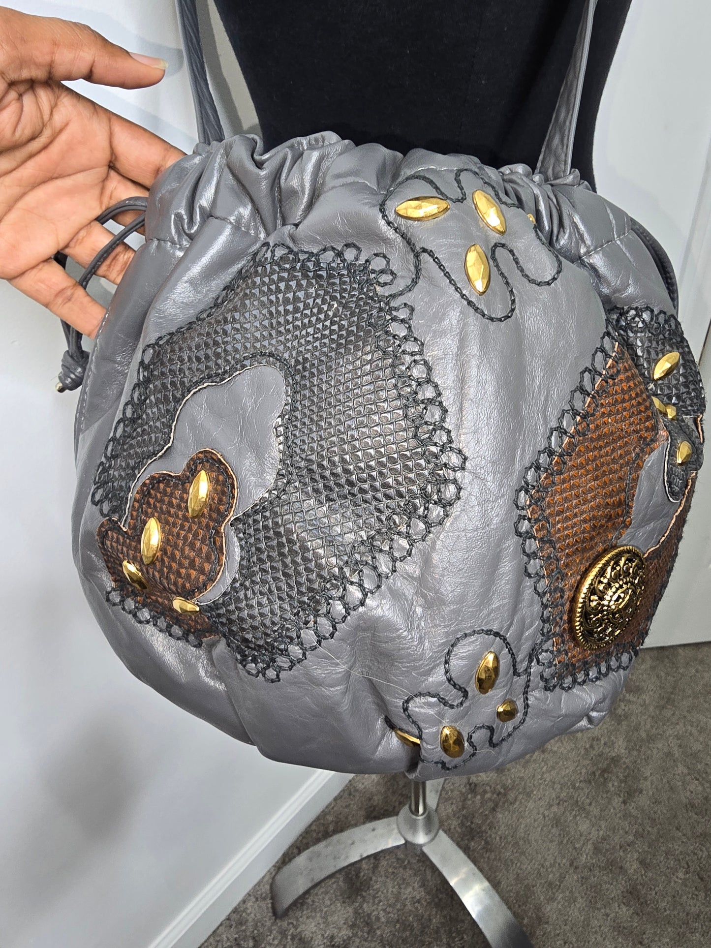 Vintage Embellished Grey Drawstring Handbag