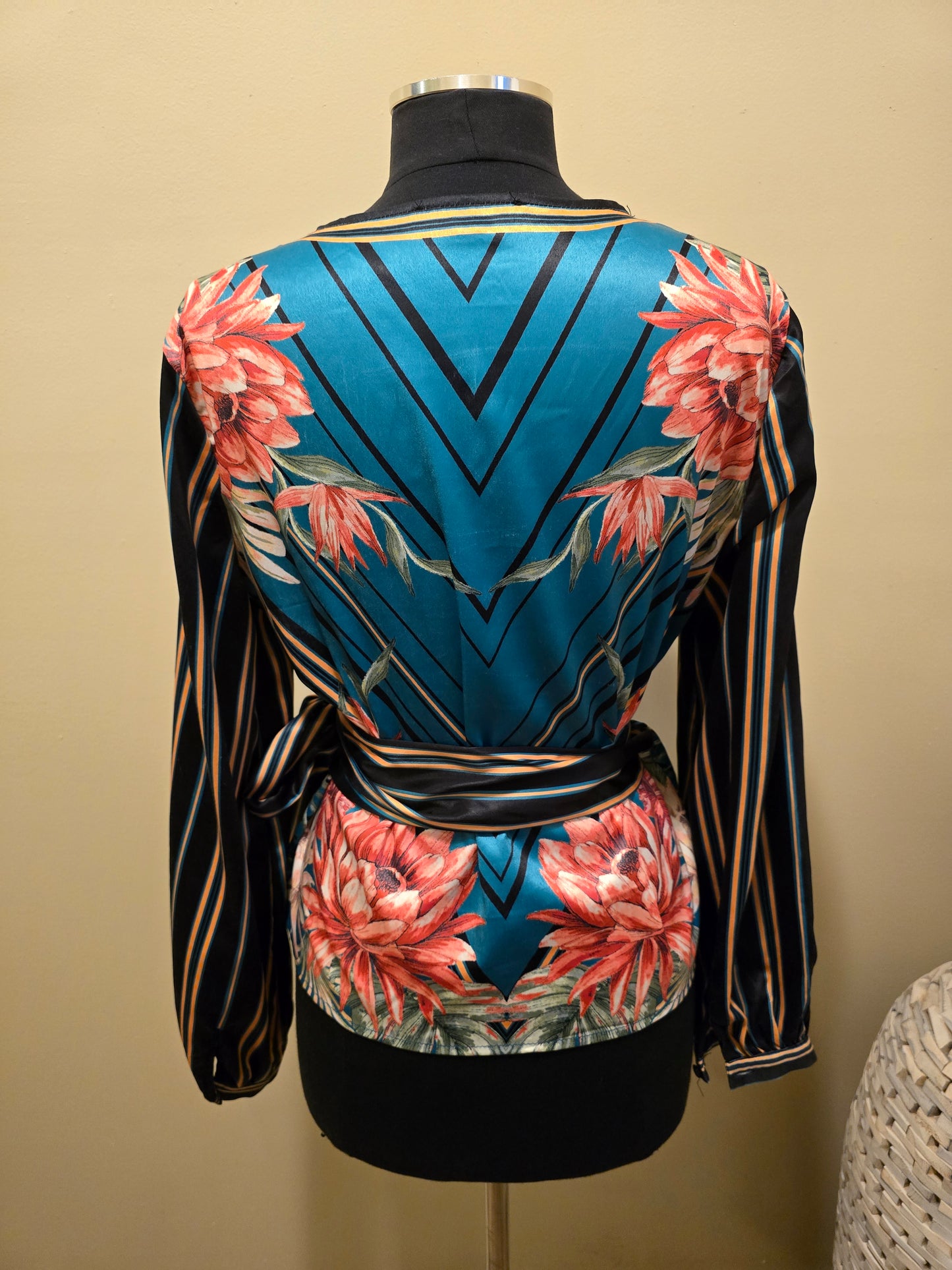 Floral & Striped Wrap Blouse Sz L