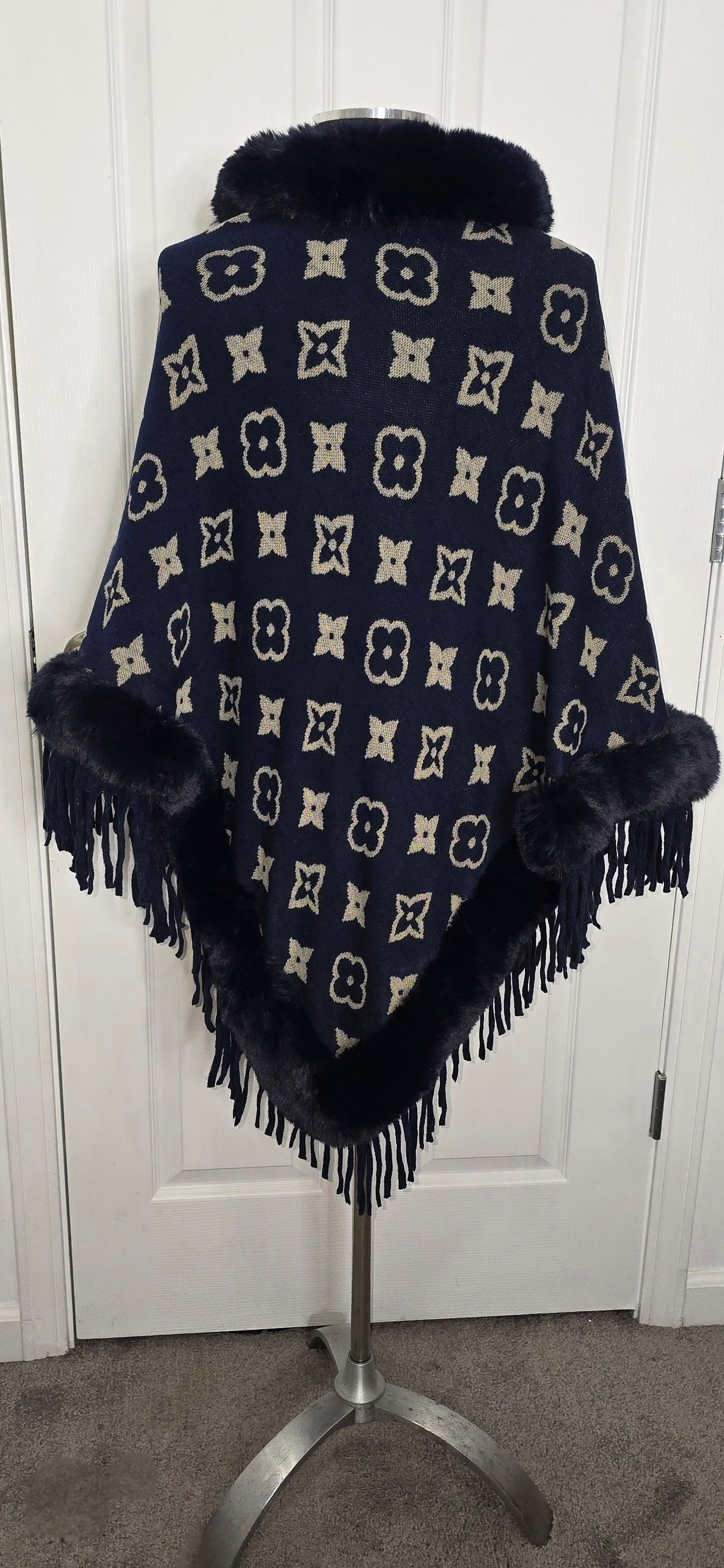 Faux Fur Trimmed Navy Blue Cape One Size