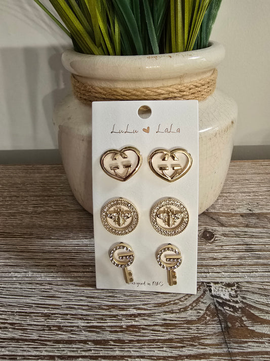 Heart, Bee, & Key Gold Trio Earrings Set