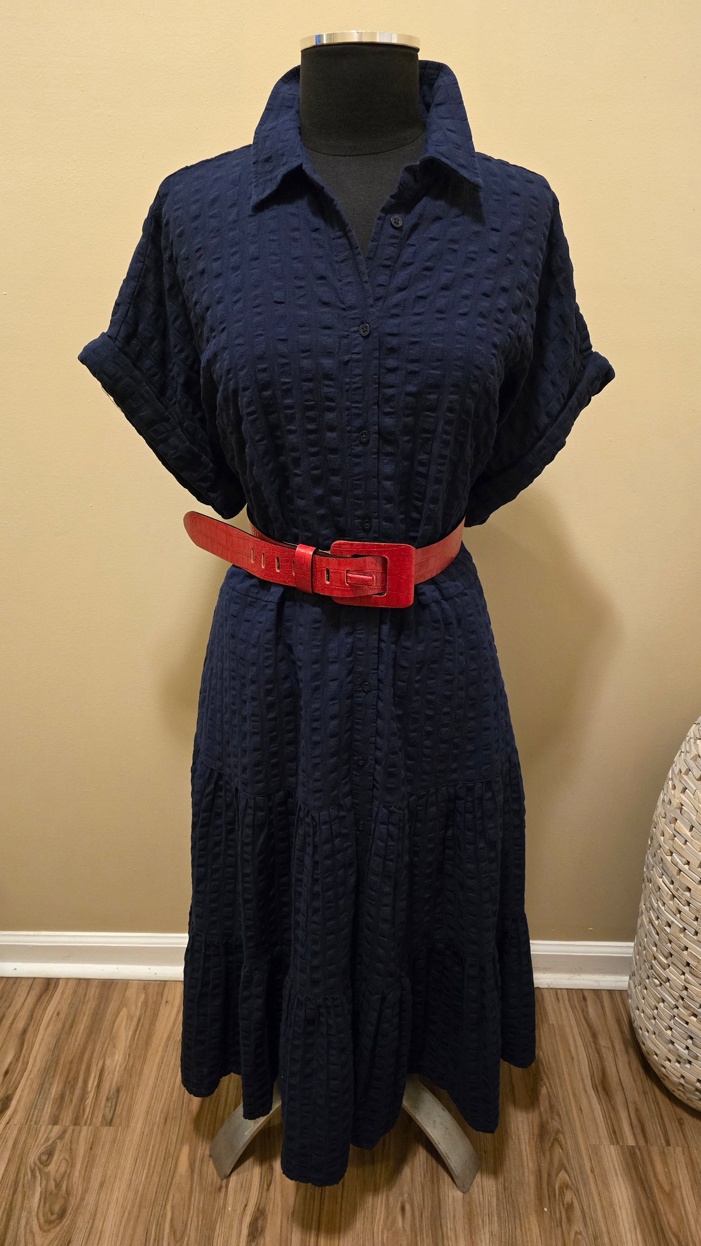 Designer Navy Gingham Cotton Dress Sz 18