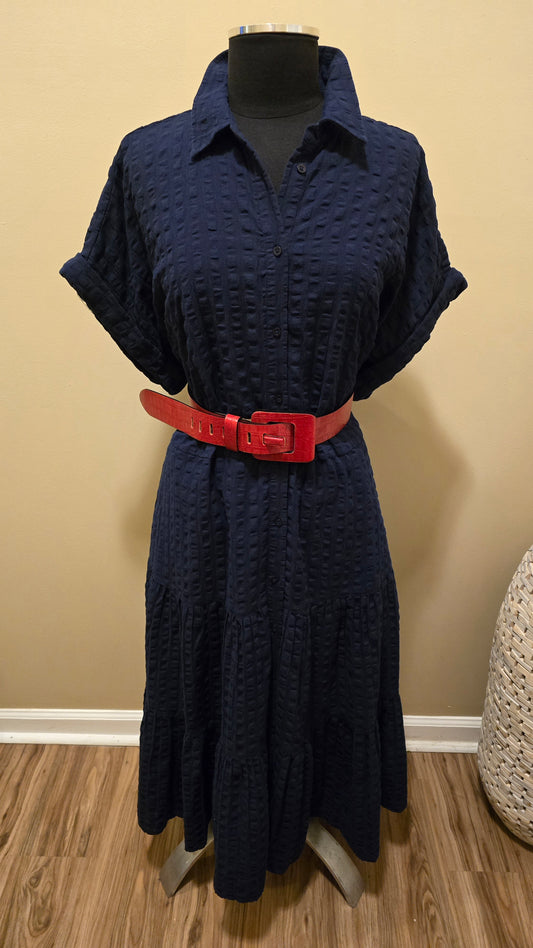 Designer Navy Gingham Cotton Dress Sz 18