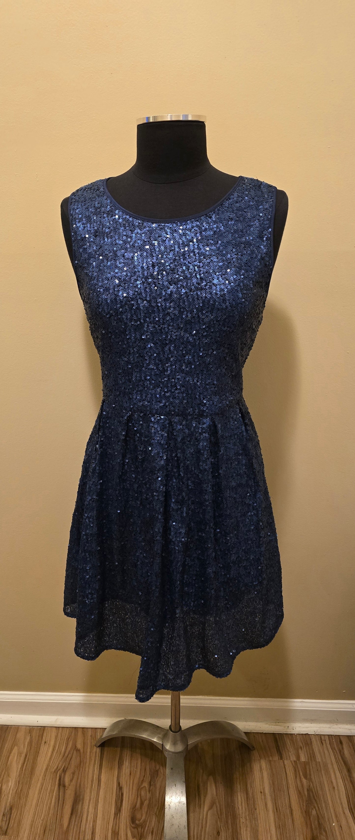Navy Blue Sleeveless Fit & Flare Sequin Dress Sz M