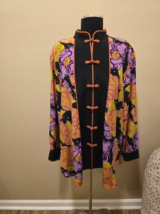 Vintage Floral 100% Silk Mandarin Collar Frog Closure Blouse Sz 1X
