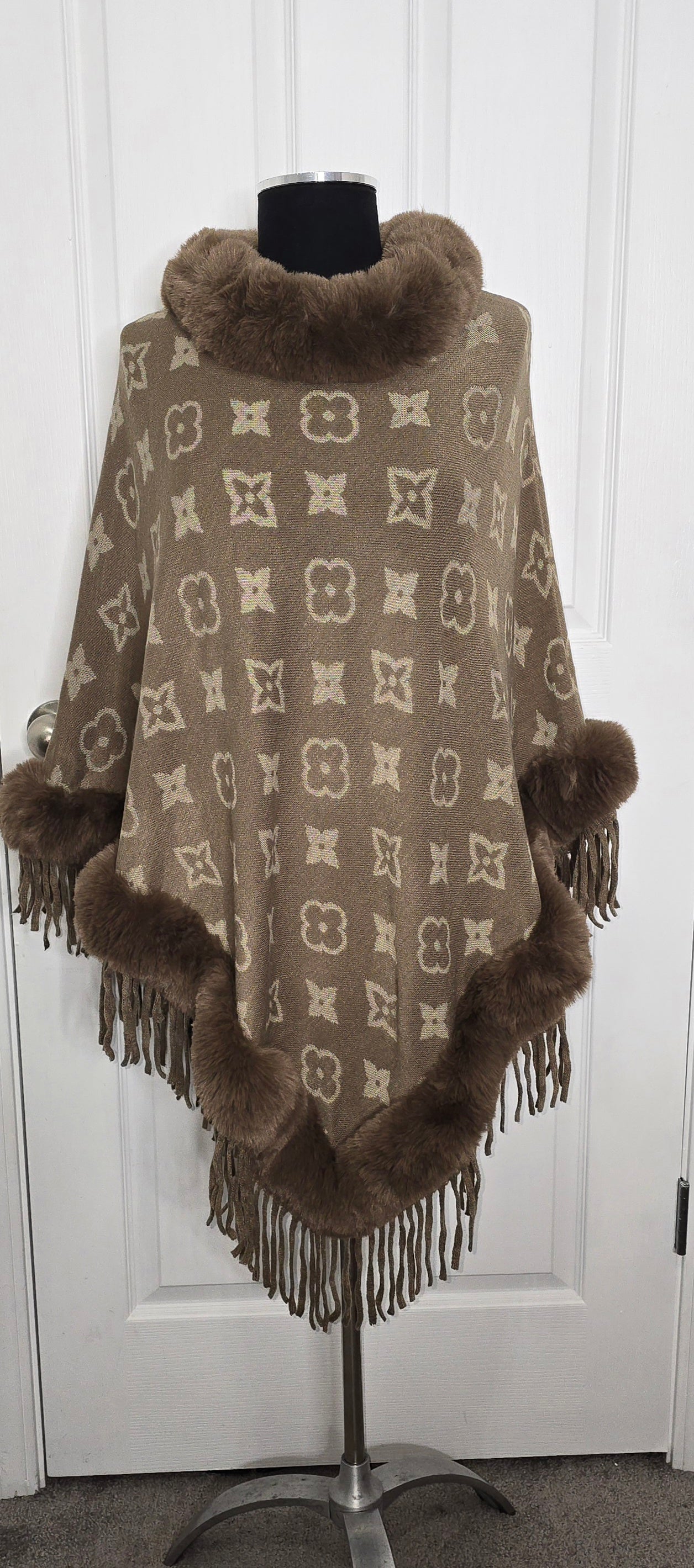 Faux Fur Trimmed Brown Cape One Size