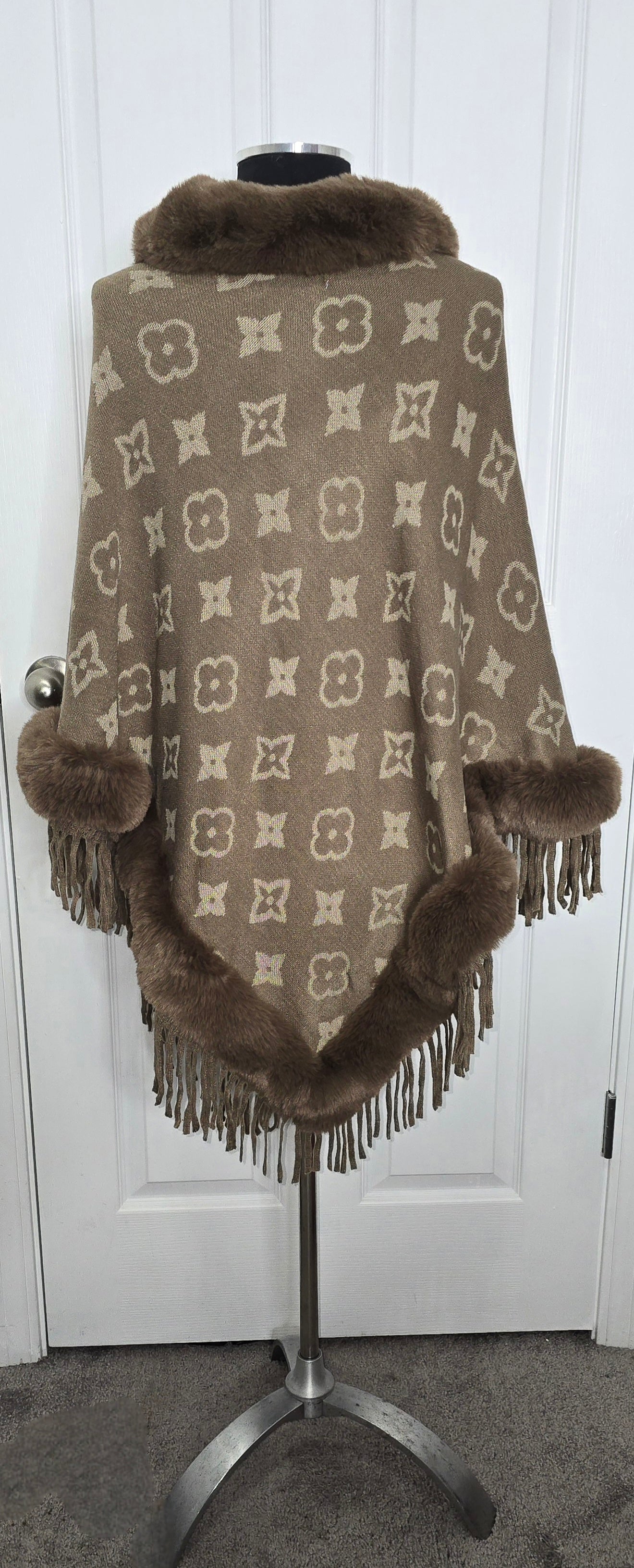 Faux Fur Trimmed Brown Cape One Size