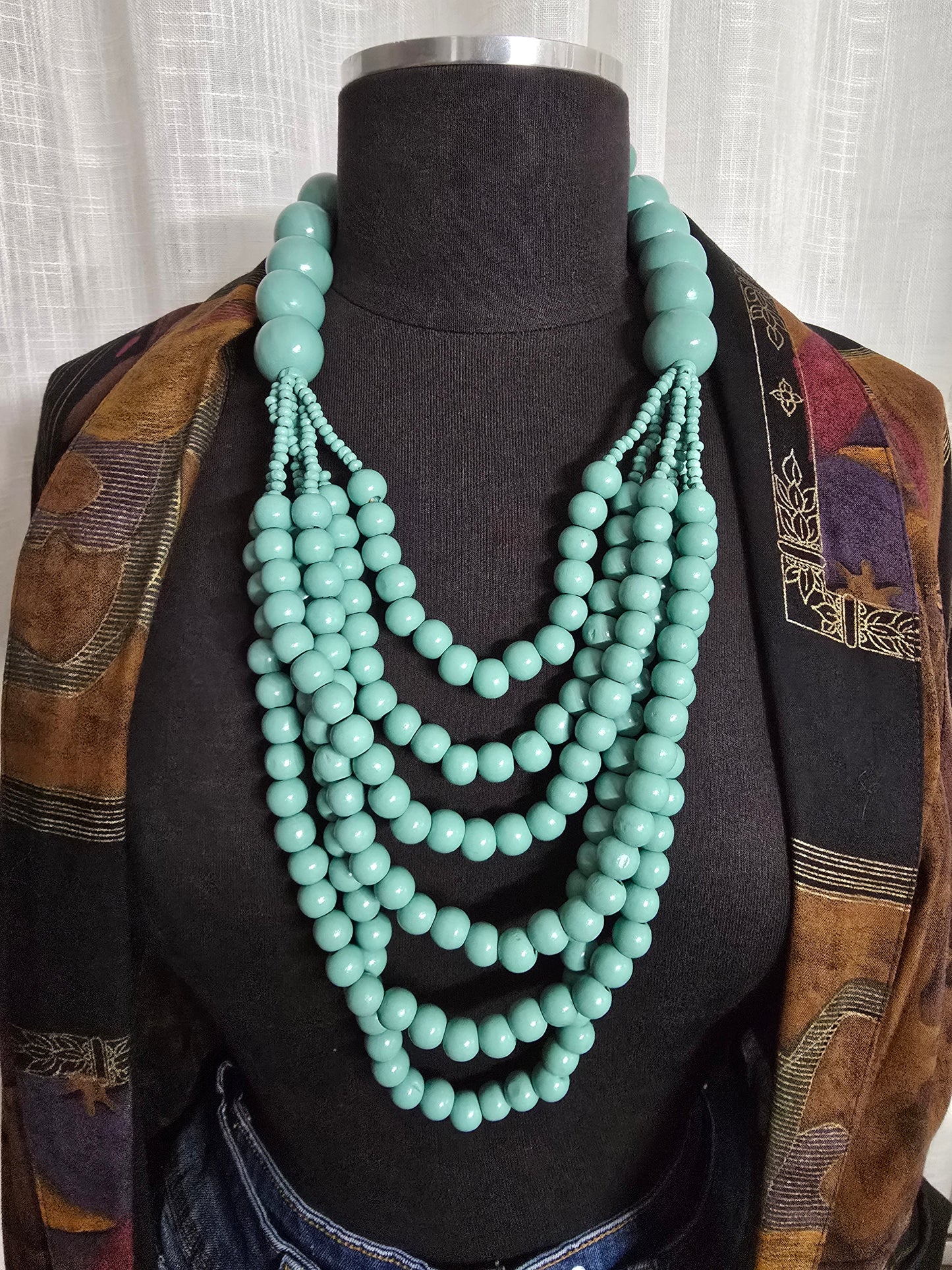 Layered Turquoise Wooden Necklace Set