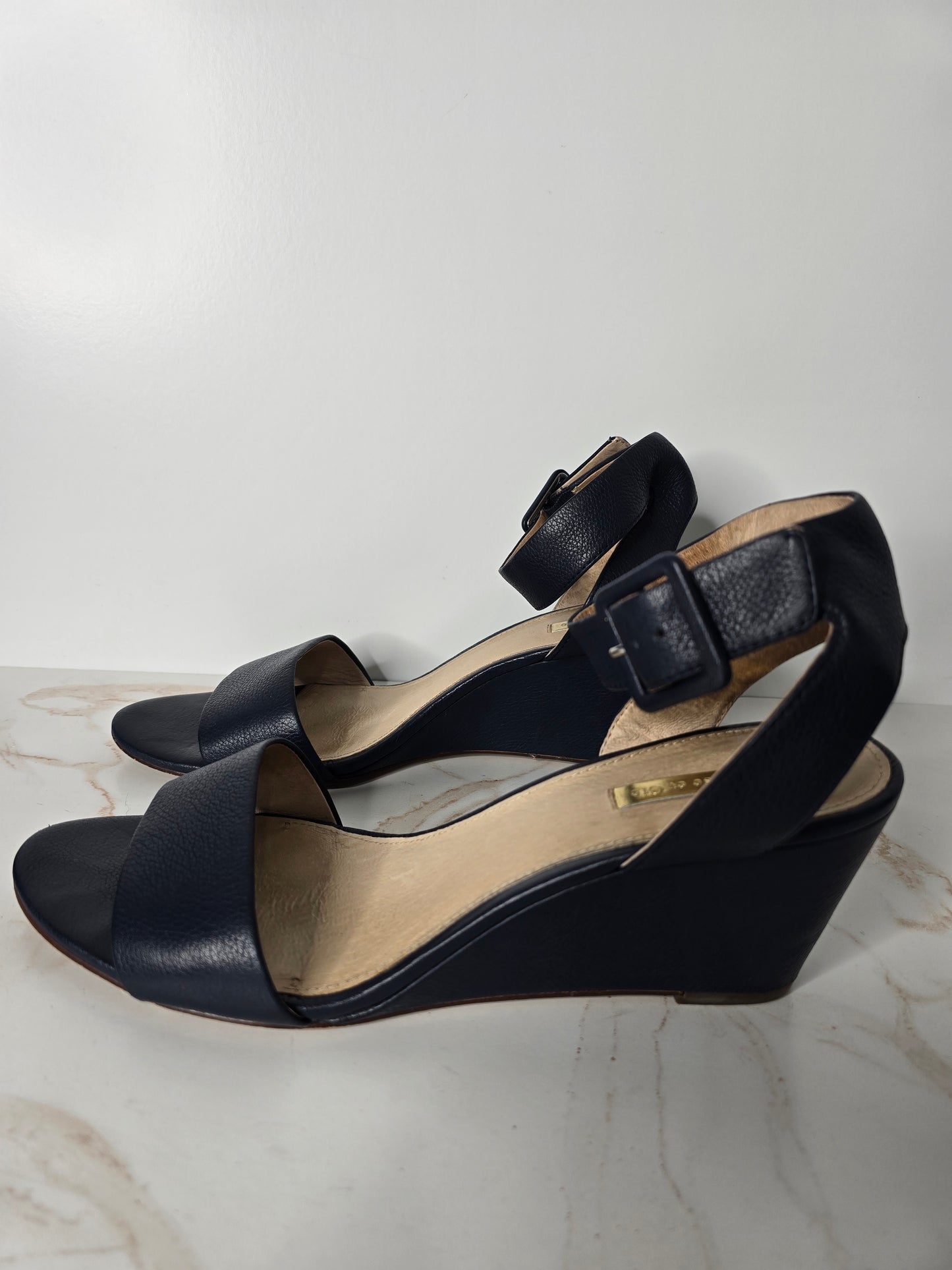 Louise et Cie Navy Leather Wedge Sandal Sz 11