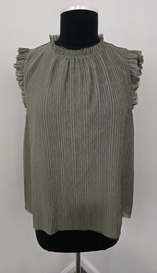 Semi Sheer Olive Ruffled Blouse Sz S (fits up to L)