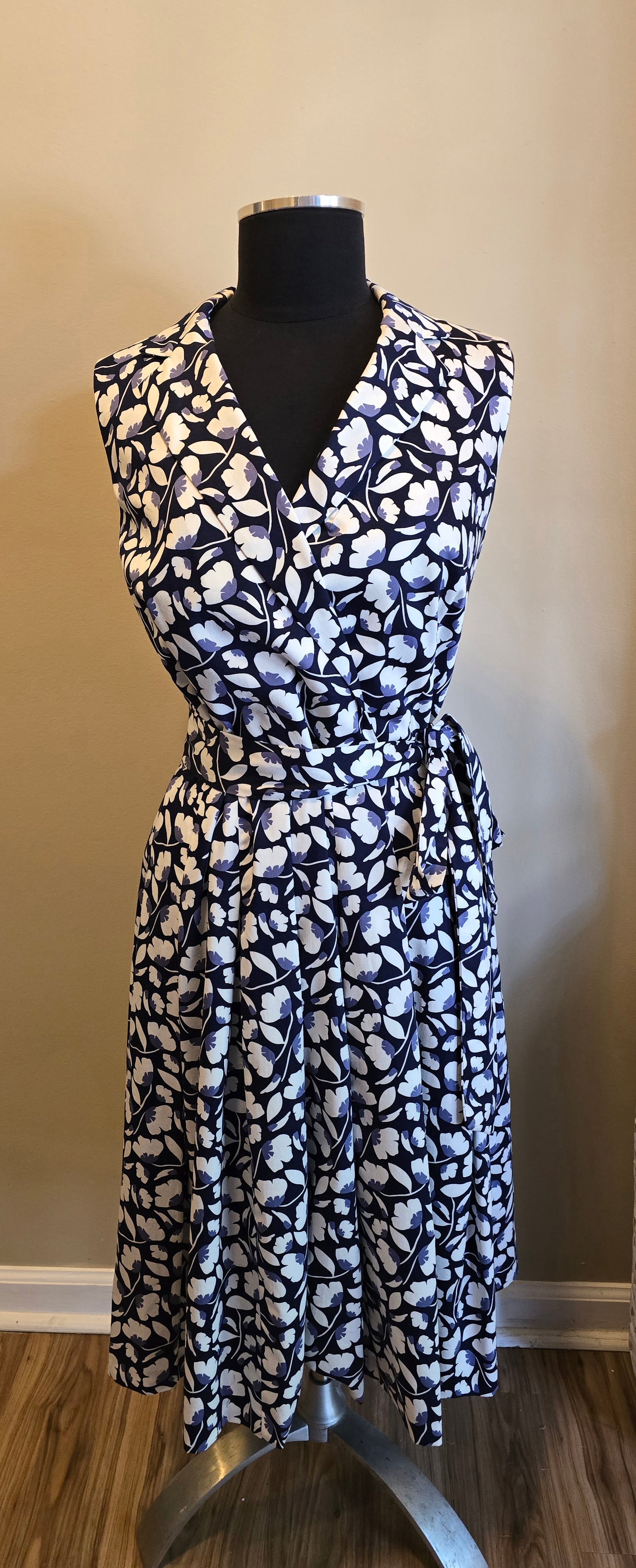 Navy Blue & White Faux Wrap Dress Sz 12