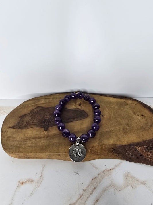 Amethyst Crystal Beaded Bracelet with Peace Charm