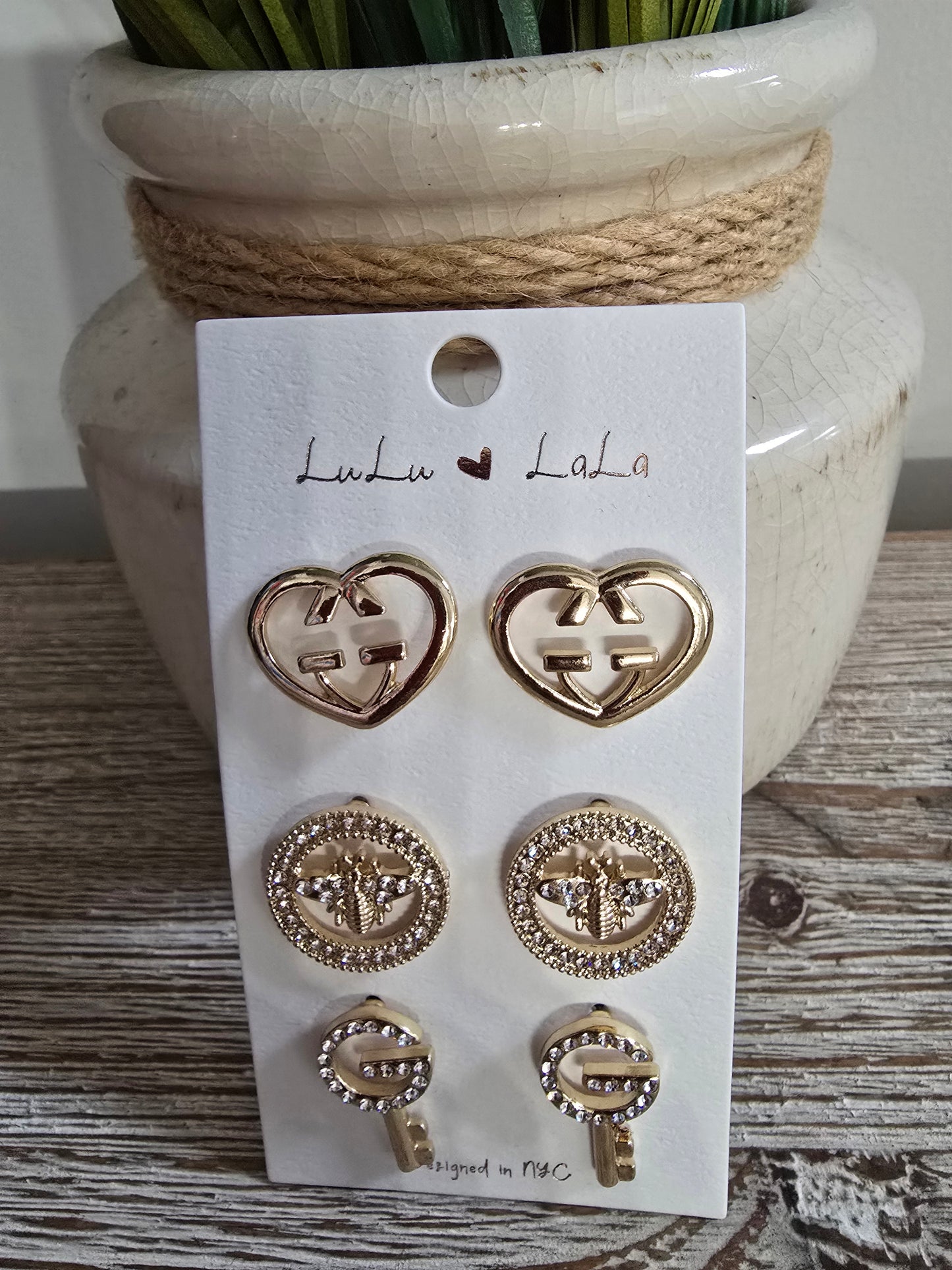 Heart, Bee, & Key Gold Trio Earrings Set