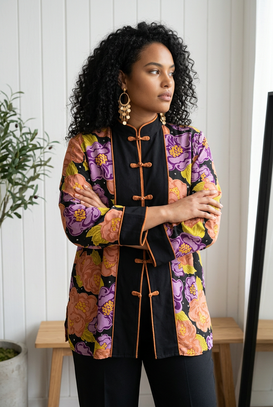 Vintage Floral 100% Silk Mandarin Collar Frog Closure Blouse Sz 1X