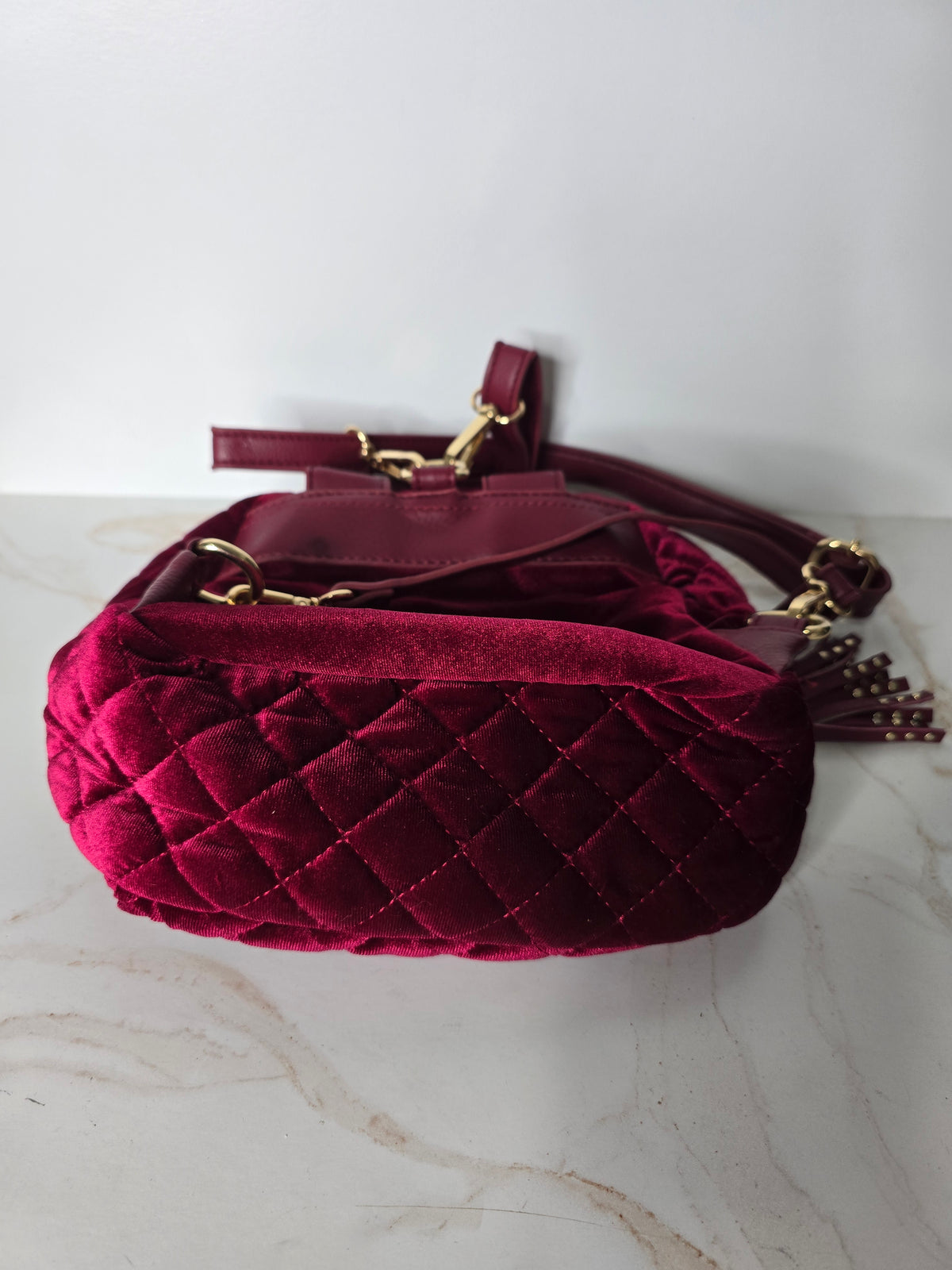 bebe Burgundy Velvet Quilted Mini Backpack