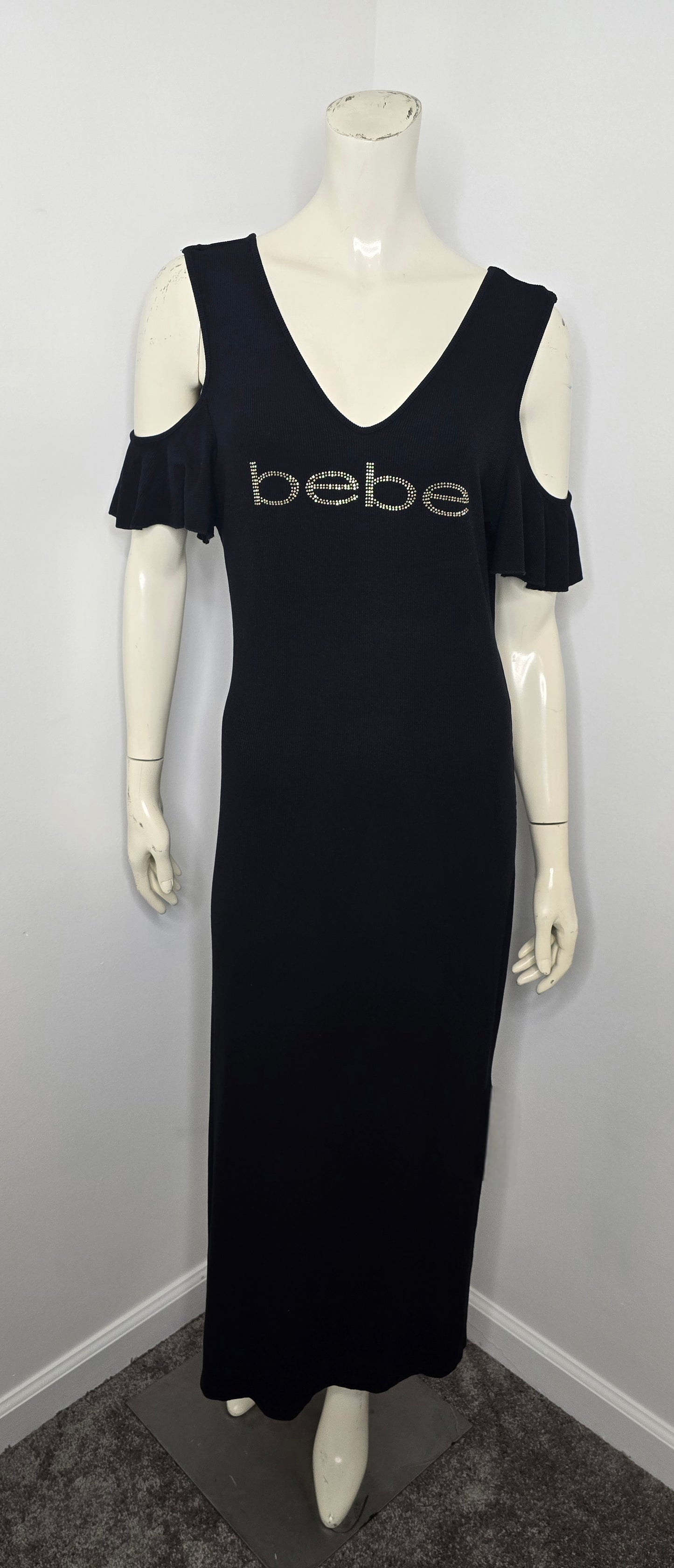 bebe Cold Shoulder Black Ribbed Dress Sz L (fits up to sz 12)
