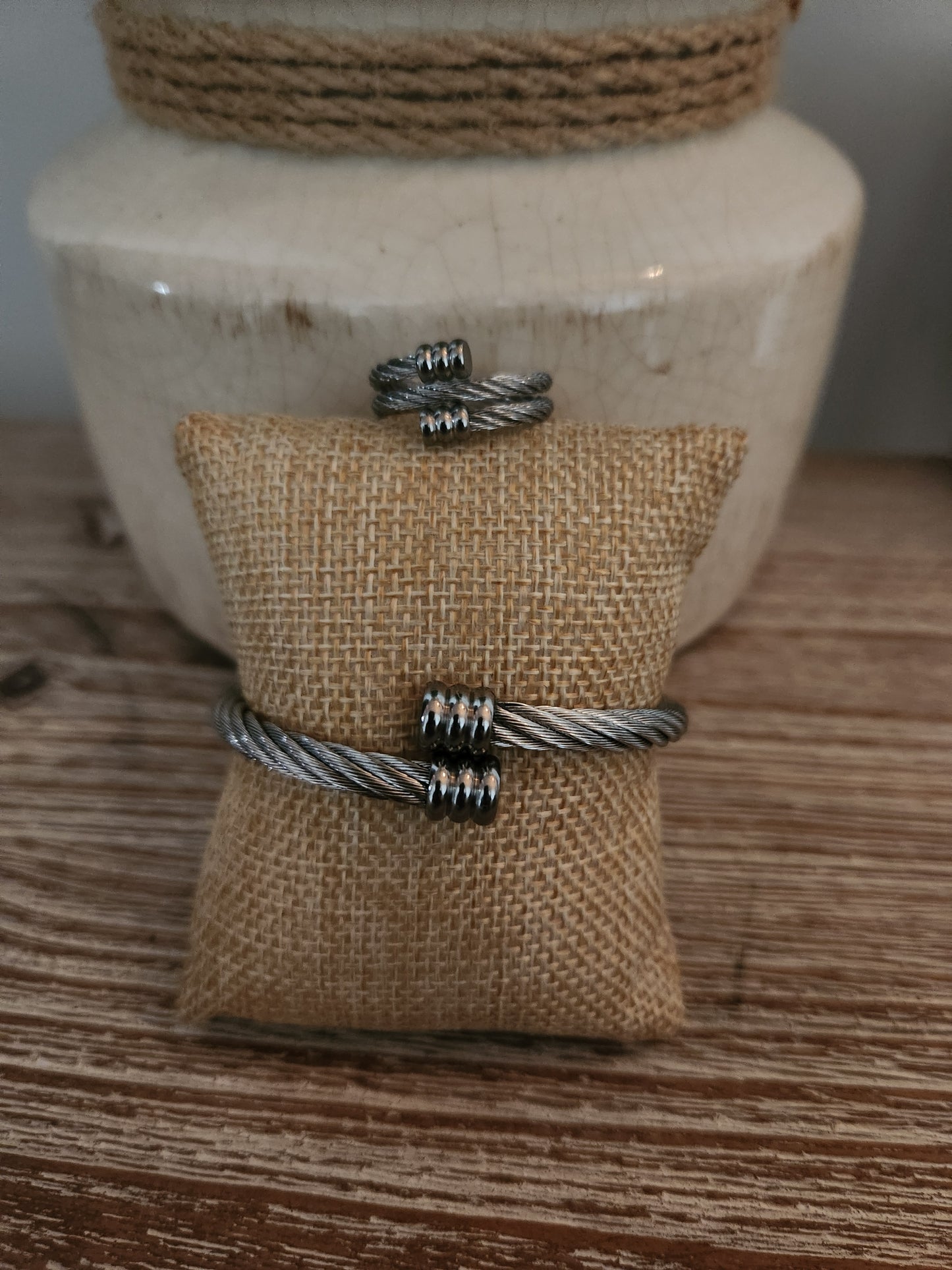 Twisted Bezel Stainless Steele Silver Cuff & Ring Set