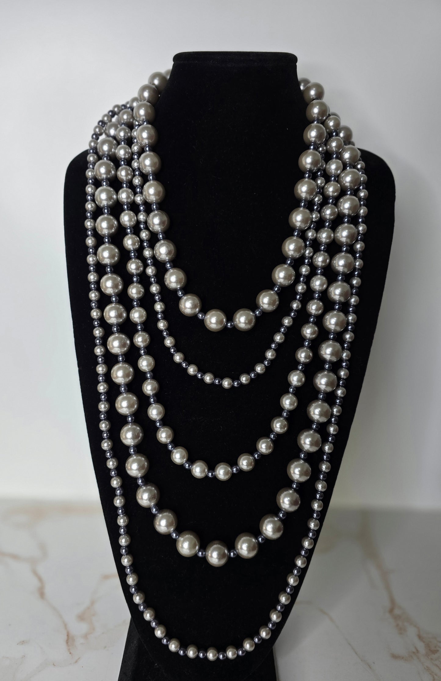 Grey Two-Toned Faux Pearl Tiered Necklace