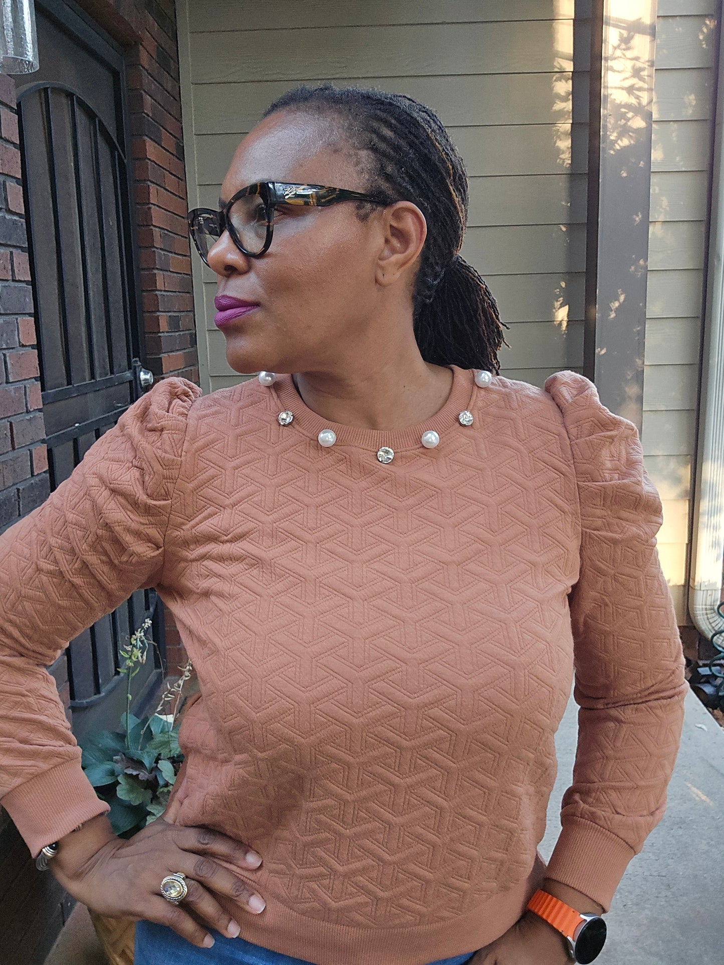 Simply Southern Rust Quilted Embellished Sweater
